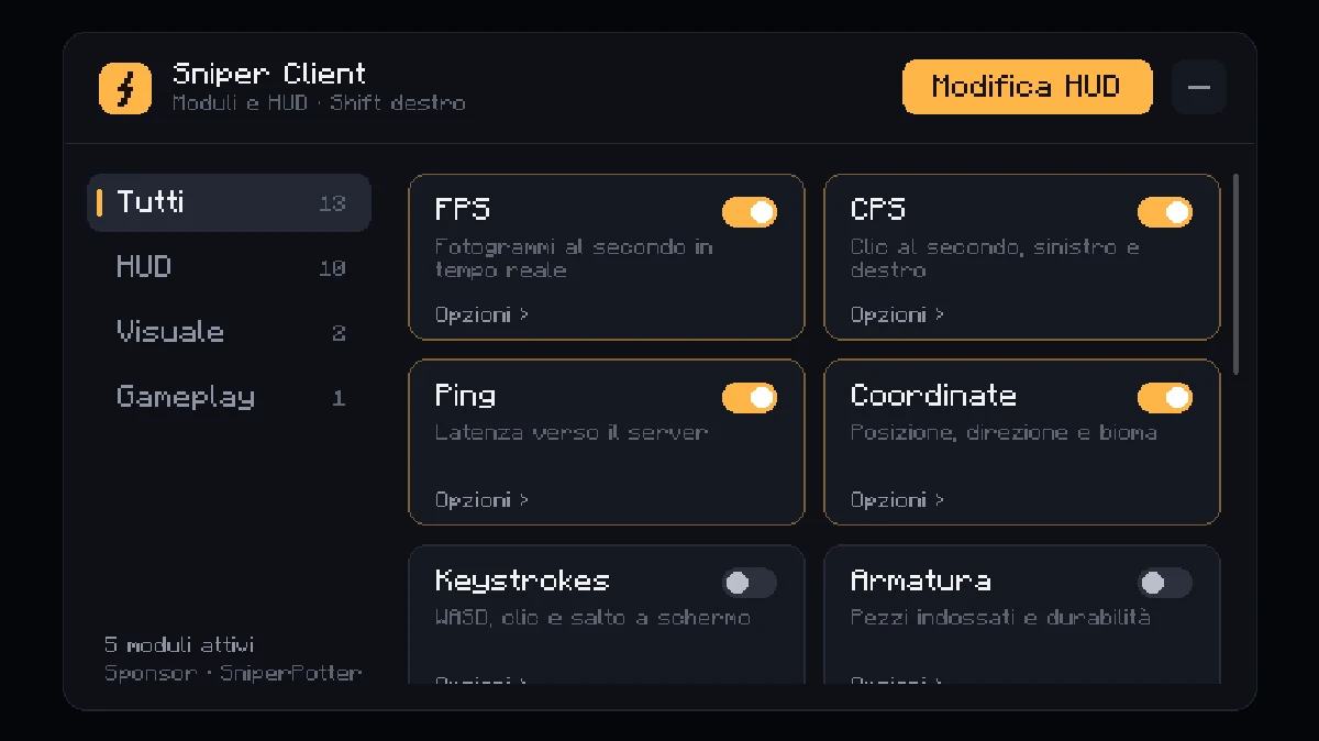 Il menu di Sniper Client aperto dentro Minecraft