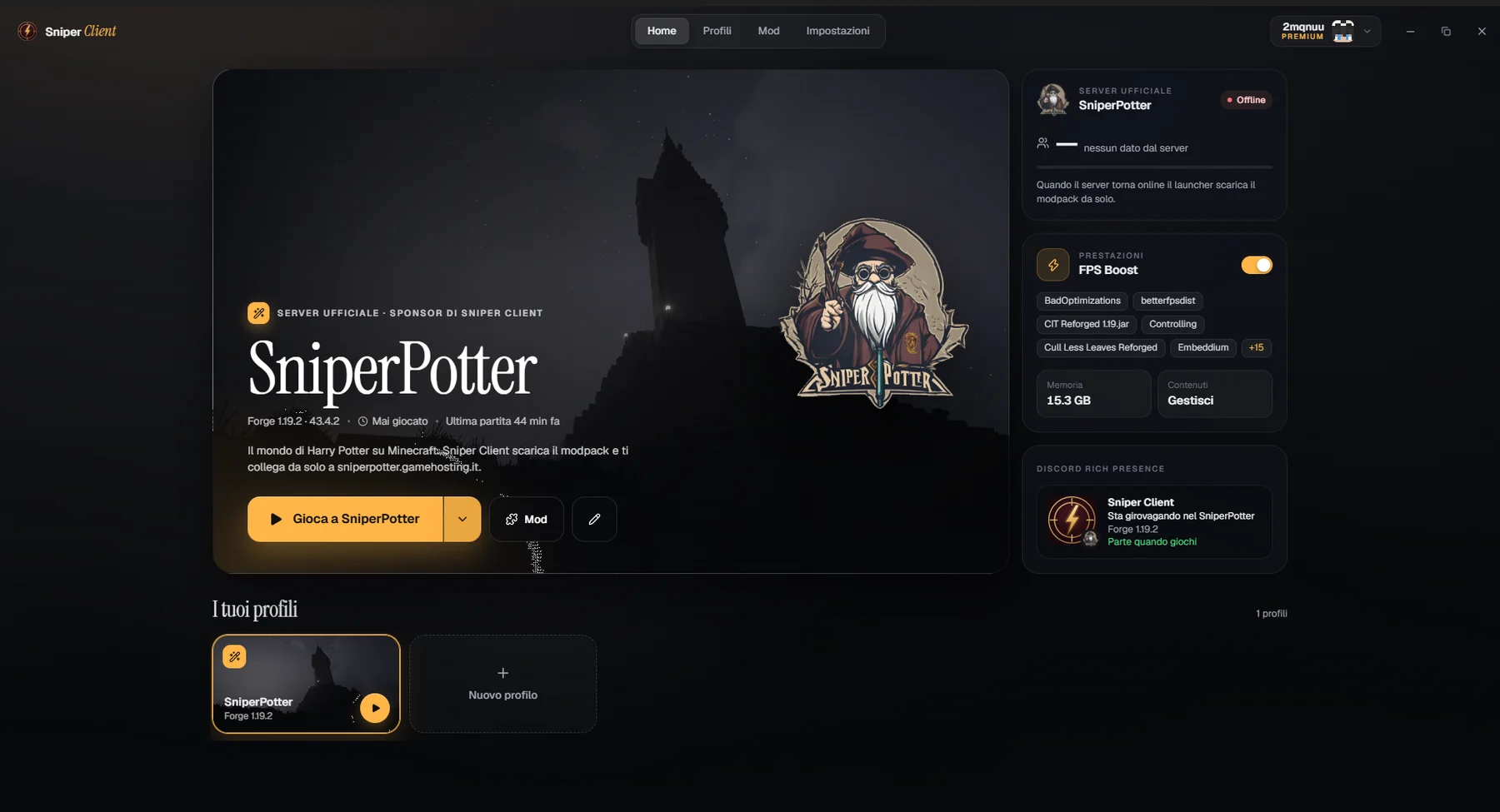La home di Sniper Client con il profilo SniperPotter pronto da avviare