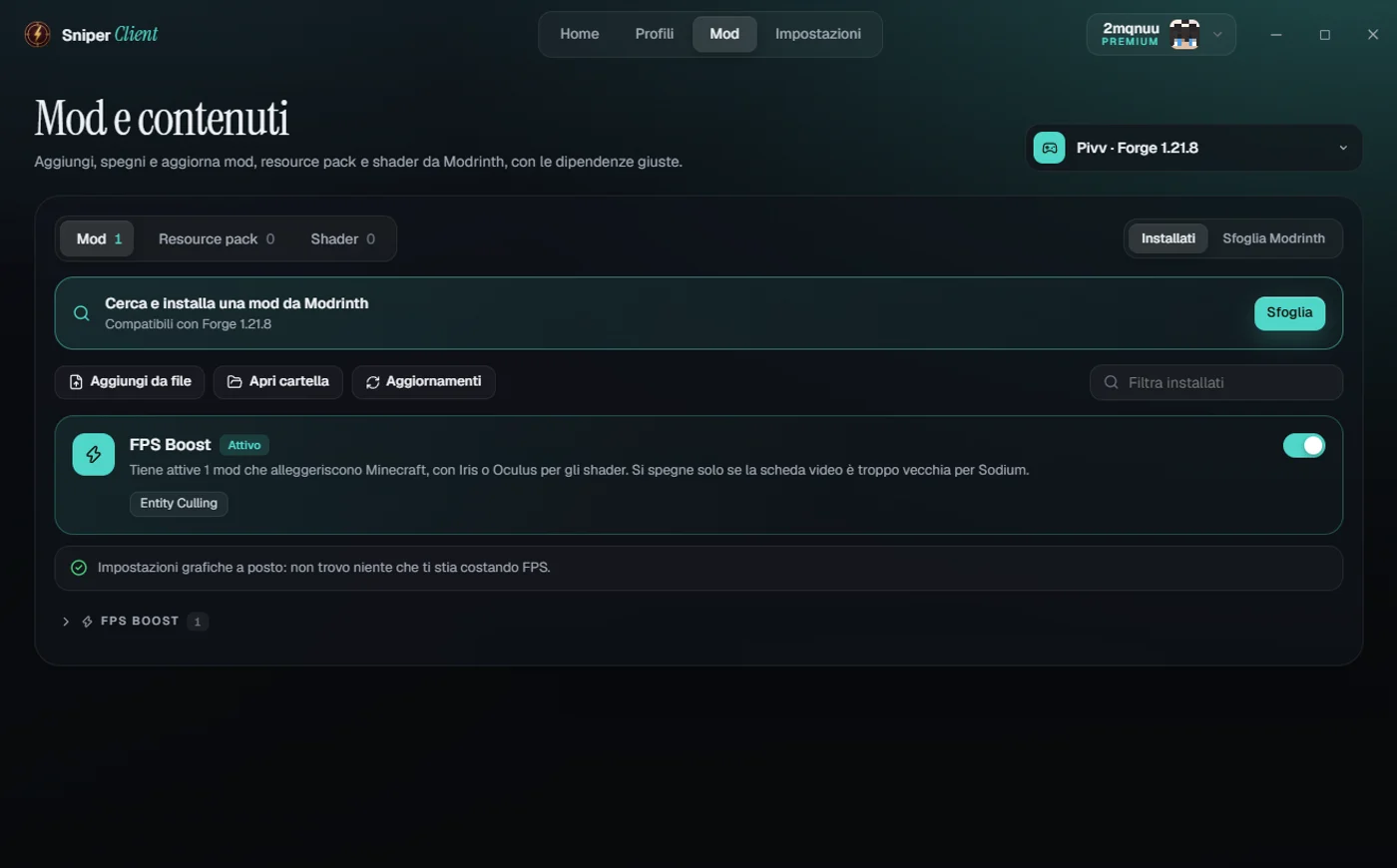 La pagina Mod di Sniper Client con FPS Boost attivo